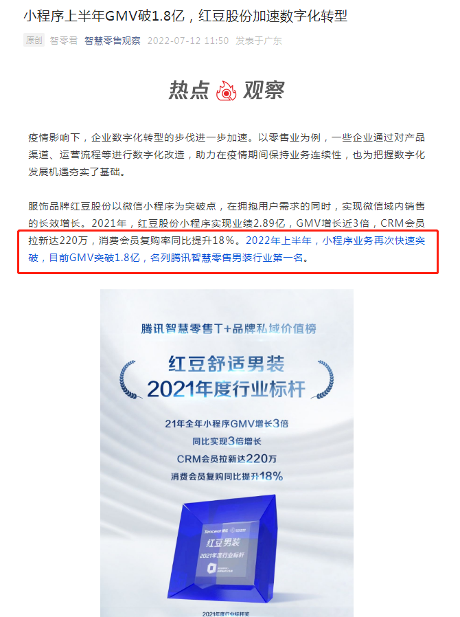 晋升男装行业第一，红豆股份携手腾讯智慧零售开启年度四力战略合作