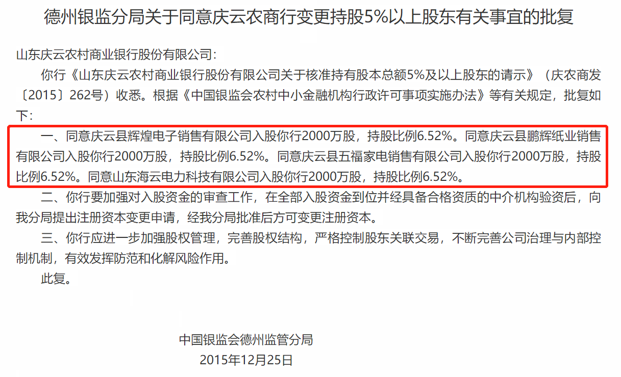 庆云农商行“支农支小”竖品牌，股东信息待完善