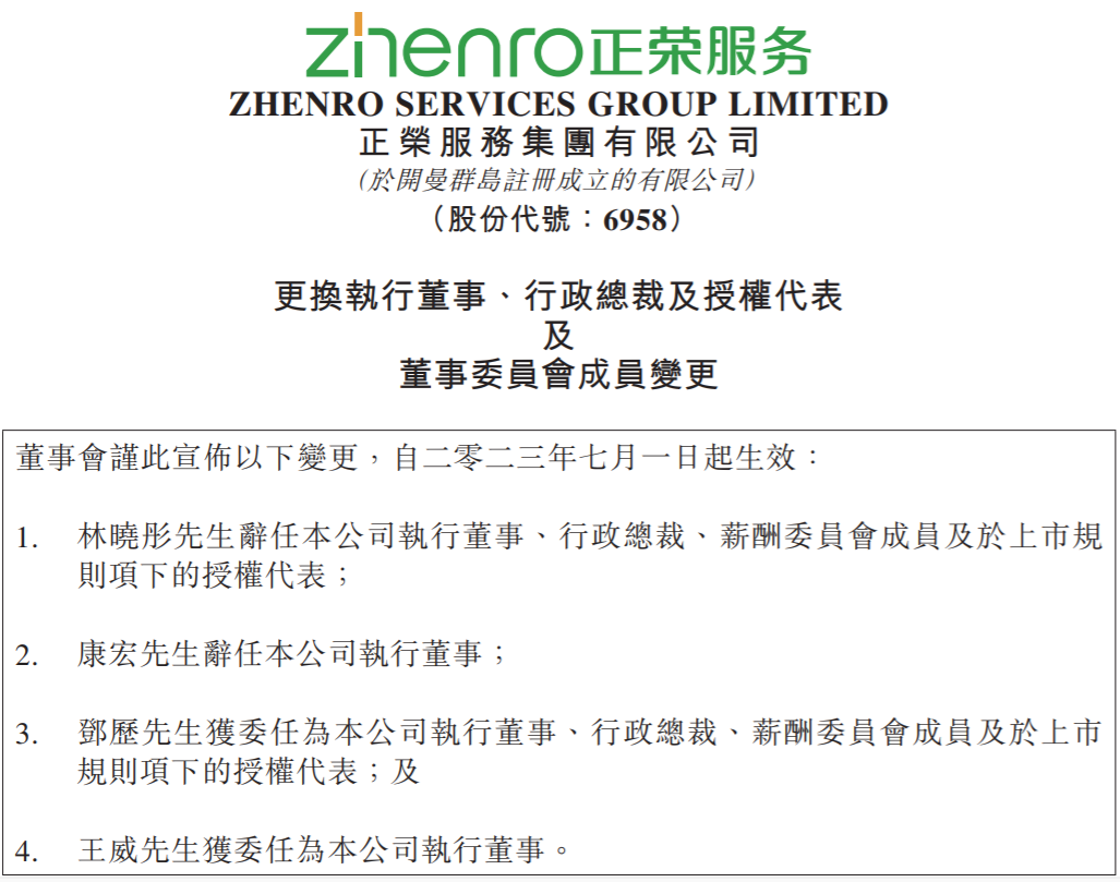 正荣服务高管人事变动：林晓彤辞任执董及行政总裁等职，邓历接任