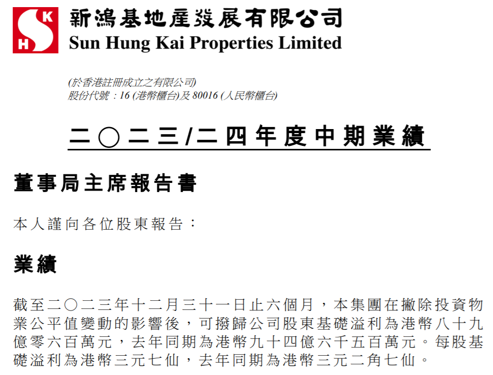 新鸿基地产：2023年下半年溢利约91亿港元，未来将选择性补充土地储备