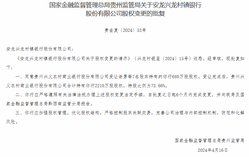 贵州两家村镇银行获增持 今年以来多家主发起行提升旗下村镇银行股比