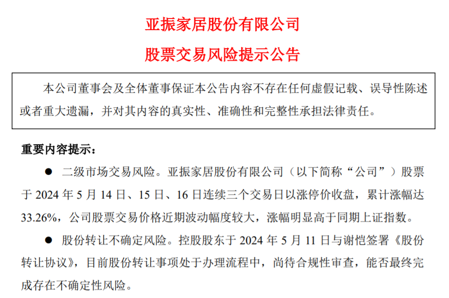 亚振家居“三连板”背后：连续3年亏损，“超级牛散”入局能否带来业绩转机？