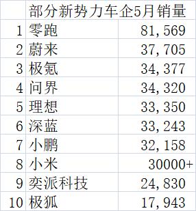 5月新势力销量TOP10出炉