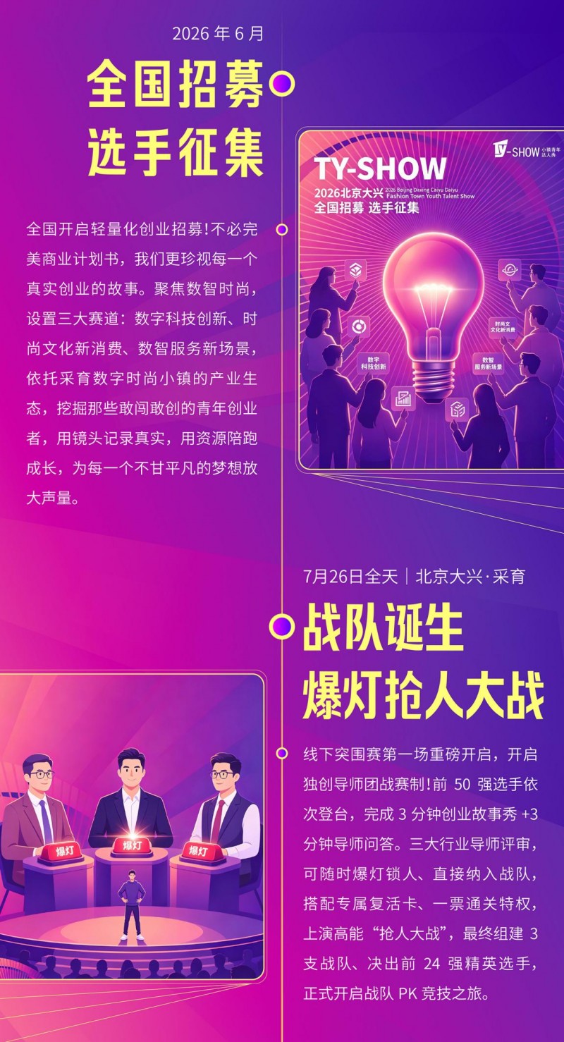 TY-SHOW 2026北京大兴采育数字时尚小镇青年达人秀 国内首档「导师团战制」青年创业真人秀